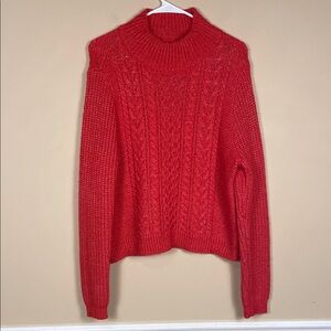 LOFT Women’s Chunky Cable Knit Wool Blend Coral Red Comfy Mock Neck Sweater